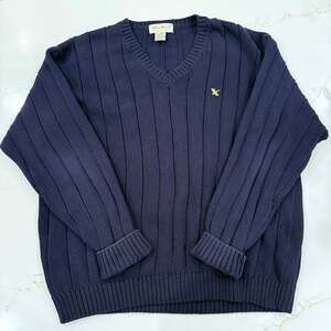 Eddie Bauer Men’s Navy Blue Ribbed V-Neck Sweater XL 100% Cotton Vintage